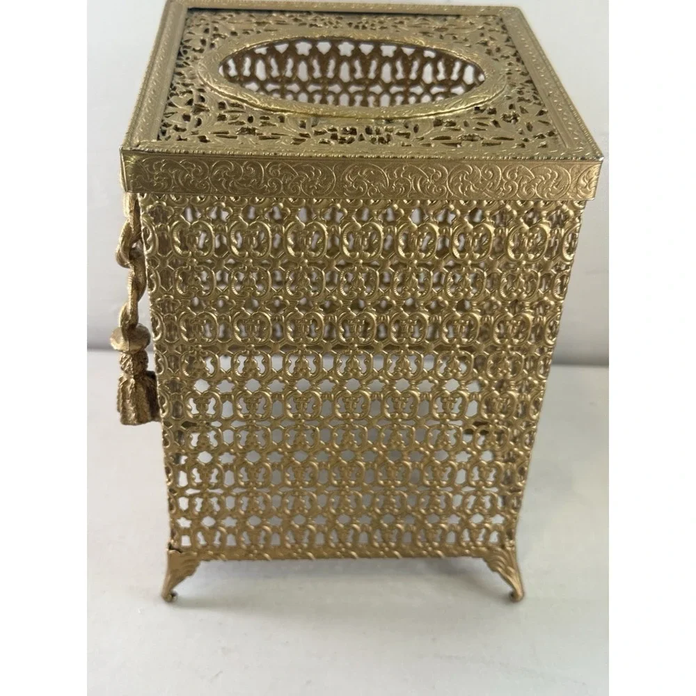 Vintage Hollywood Regency Gold Filigree Tassel Tissue Box Holder Cover Ornate